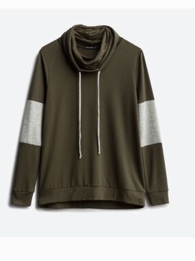 Women's Olive Green Cowl Neck Pullover Sweater with Grey Sleeve Panels